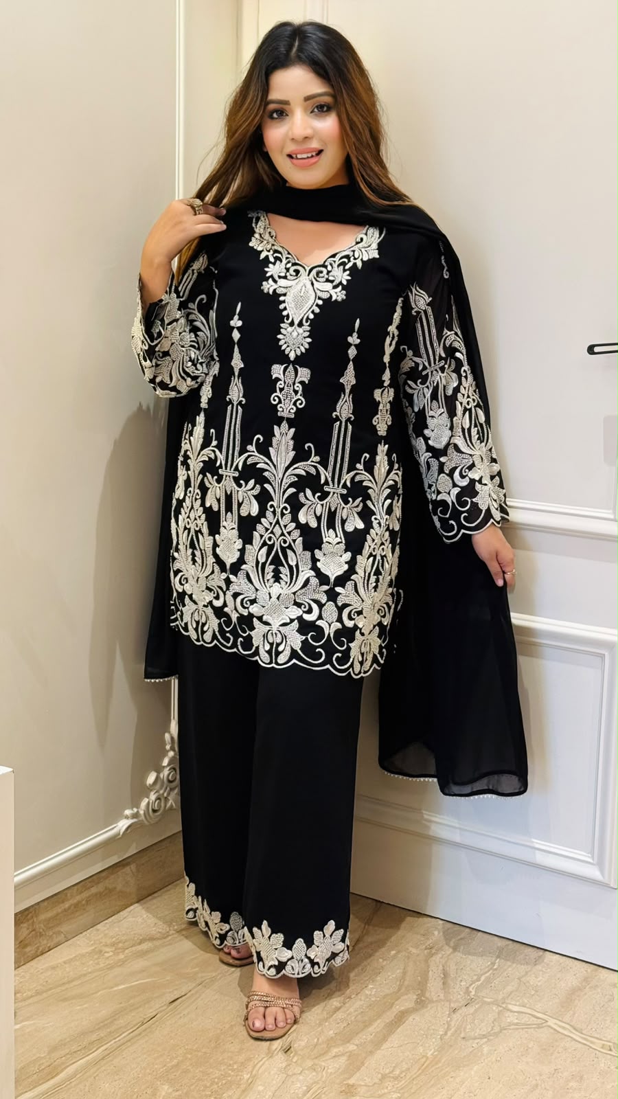 Yutika Georgette Plazo Suit Set- Black, Beige
