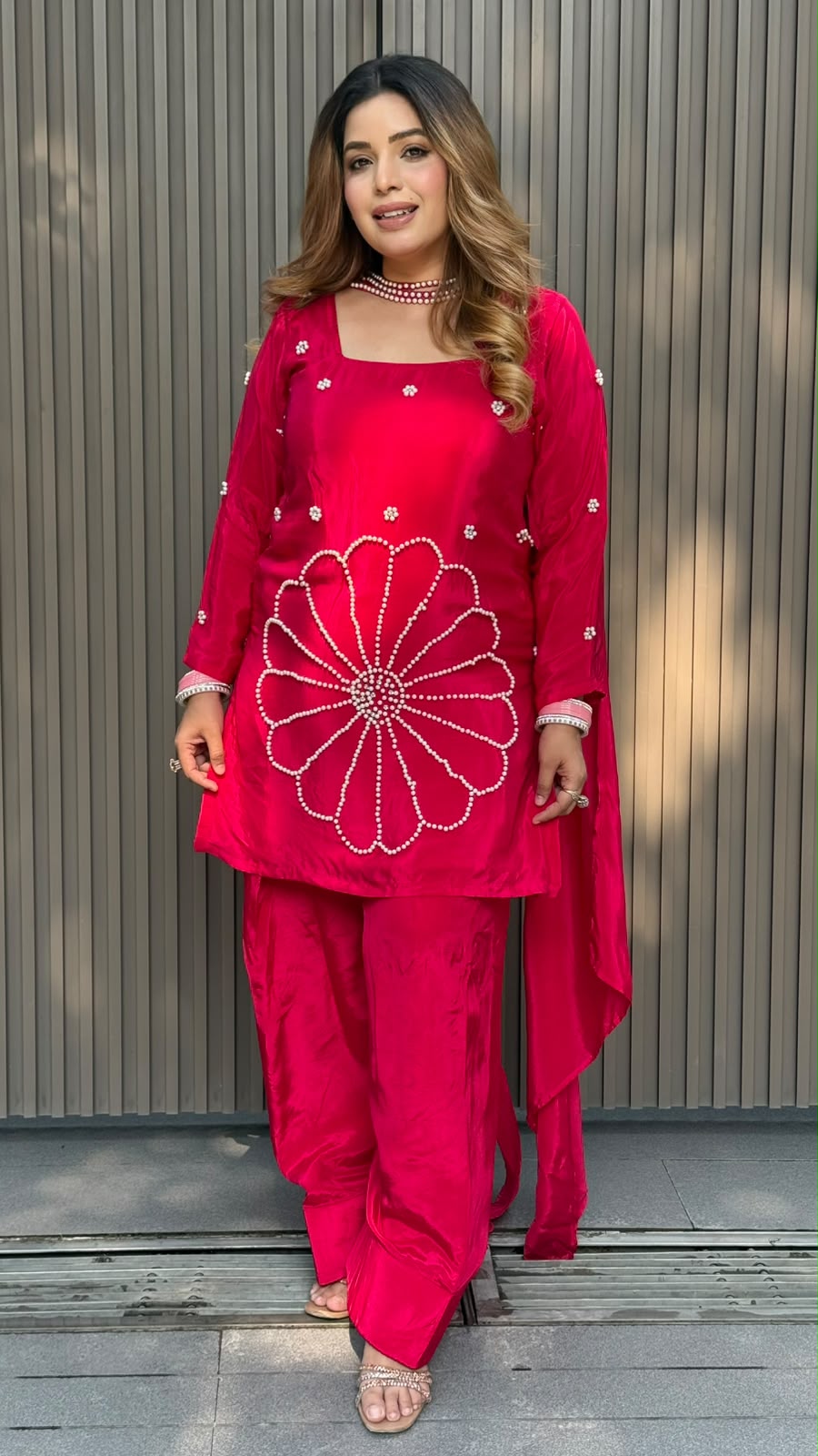 Shrishti Crepe Farshi Salwar Suit Set- Magenta, Orange, Beige