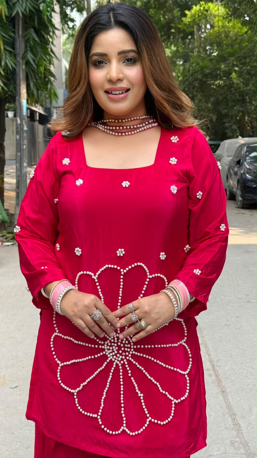 Shrishti Crepe Farshi Salwar Suit Set- Magenta, Orange, Beige