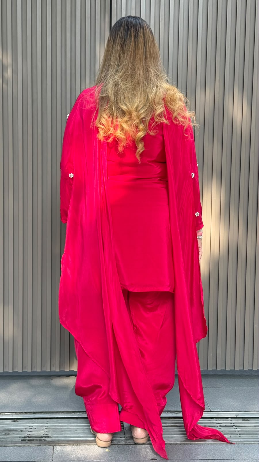 Shrishti Crepe Farshi Salwar Suit Set- Magenta, Orange, Beige