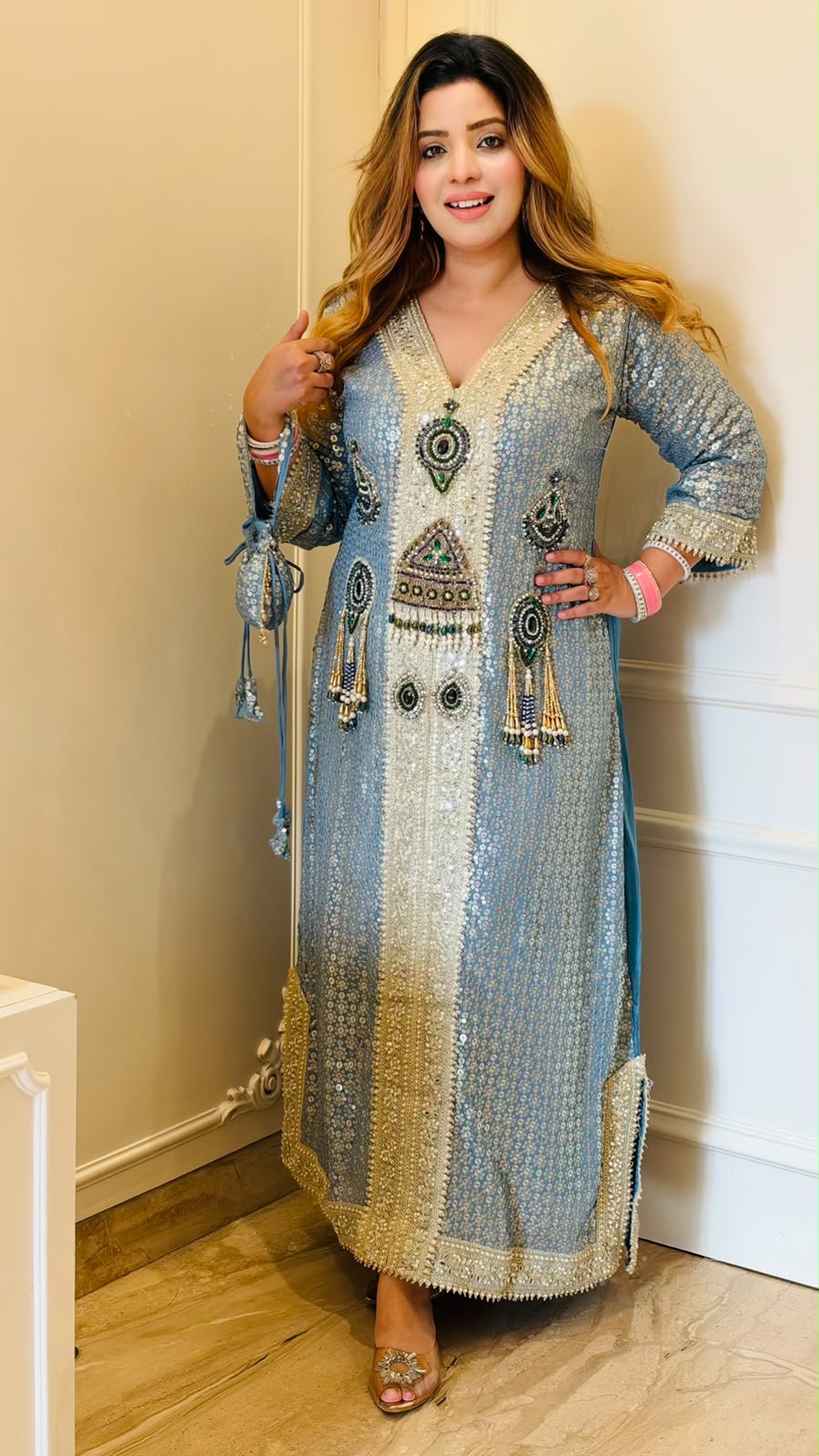 Manasvi Sequin Firaan- Beige, Blue