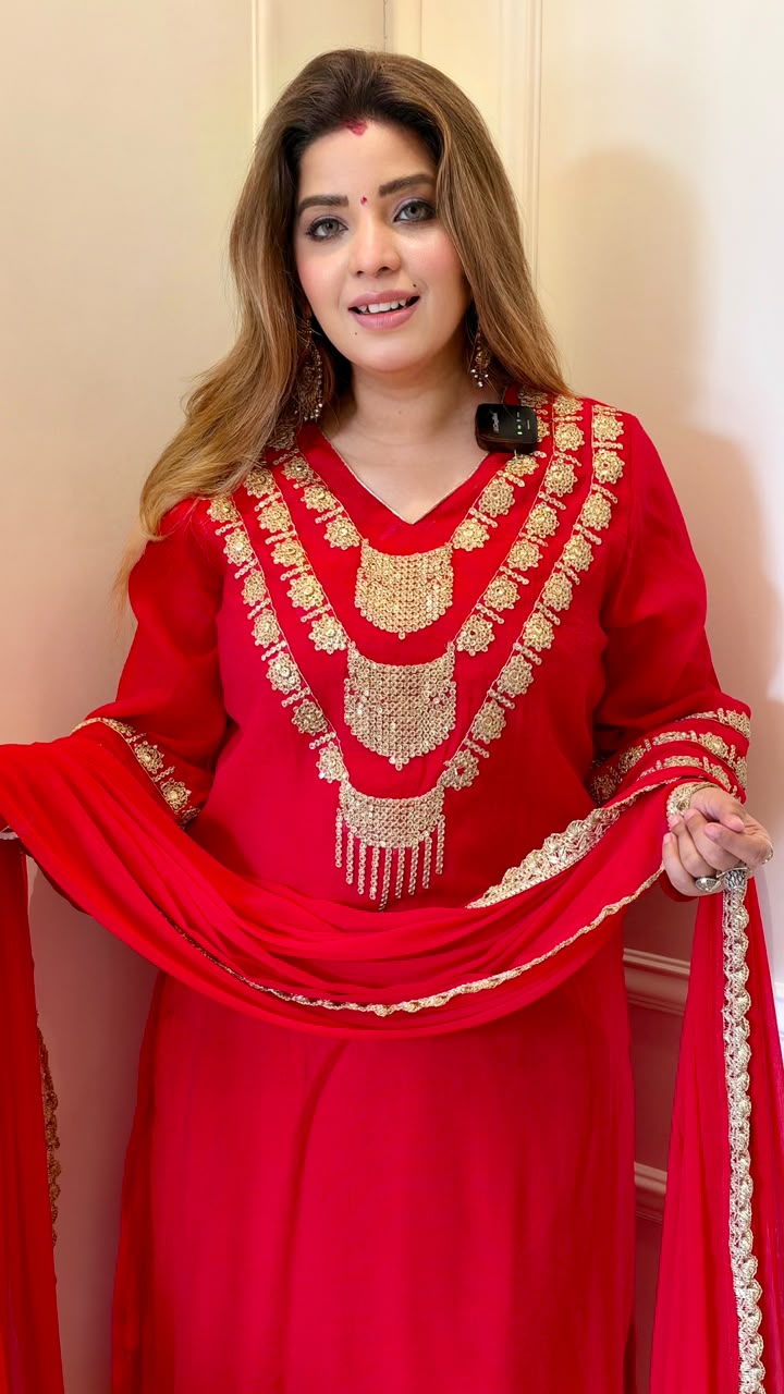 Arundhati Chinnon Suit Set- Red, Purple