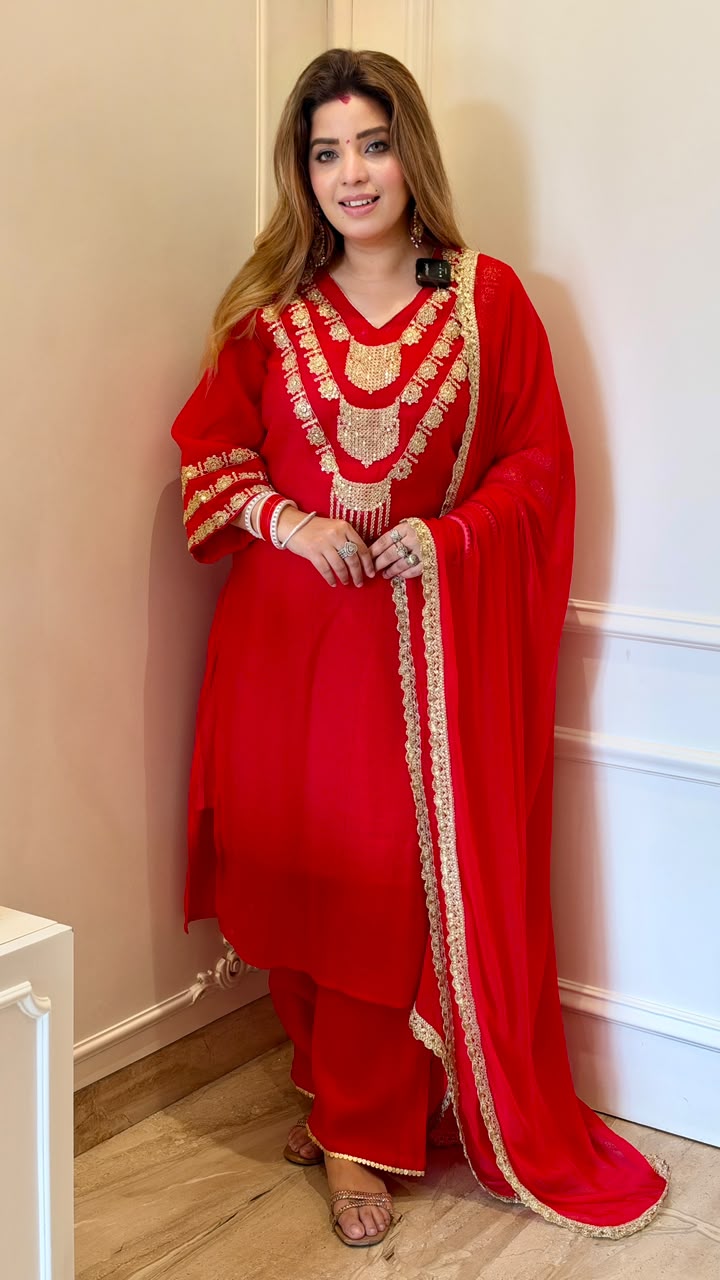 Arundhati Chinnon Suit Set- Red, Purple