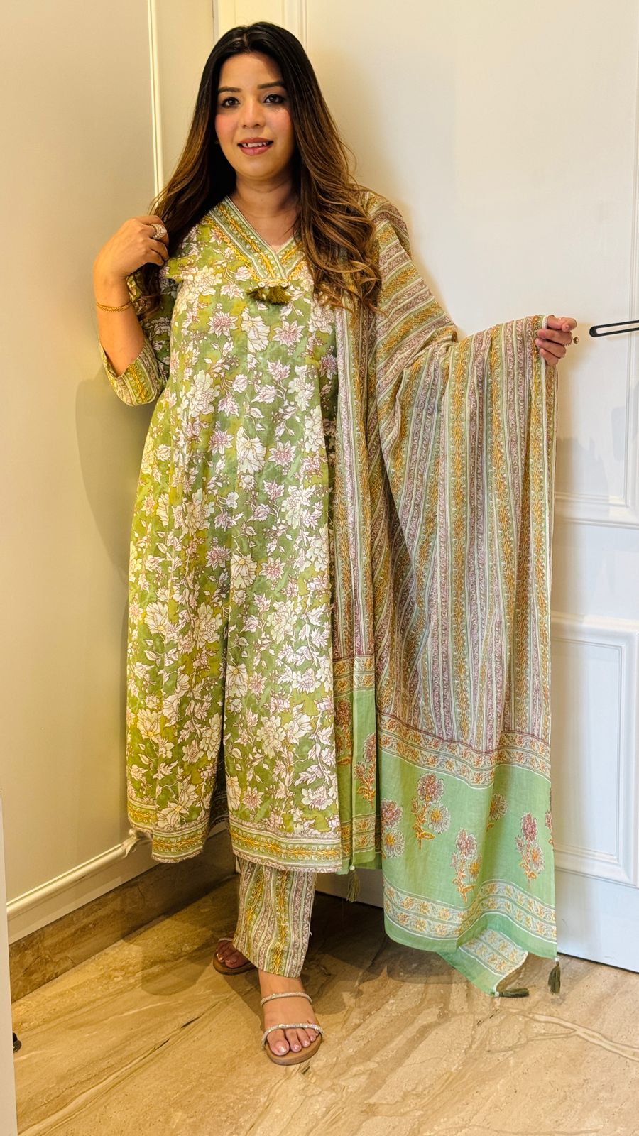 white christmas dresses Yellow green floral print anarkali dress with pant and dupatta