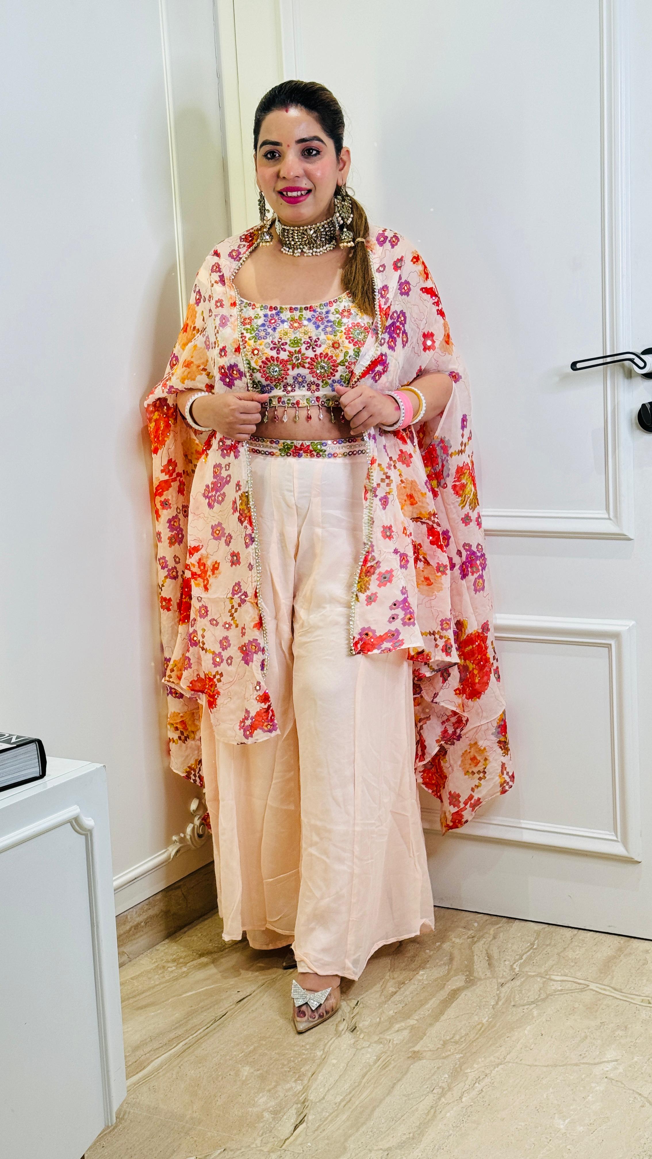 Indo-Western Premium Handwork Padded Blouse with Georgette Cape & Plazo