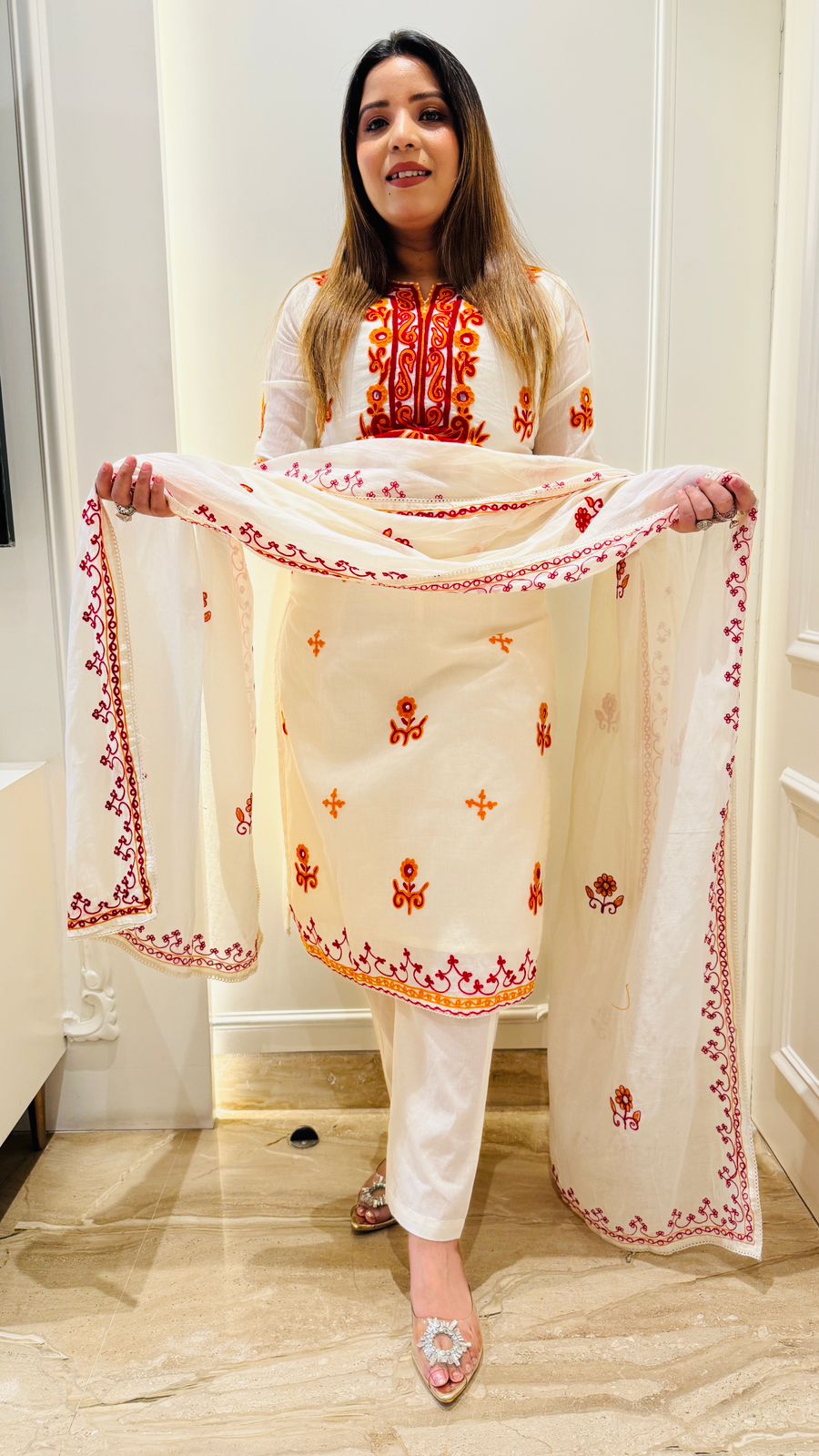 White Cotton Suit Set with French Knot Work