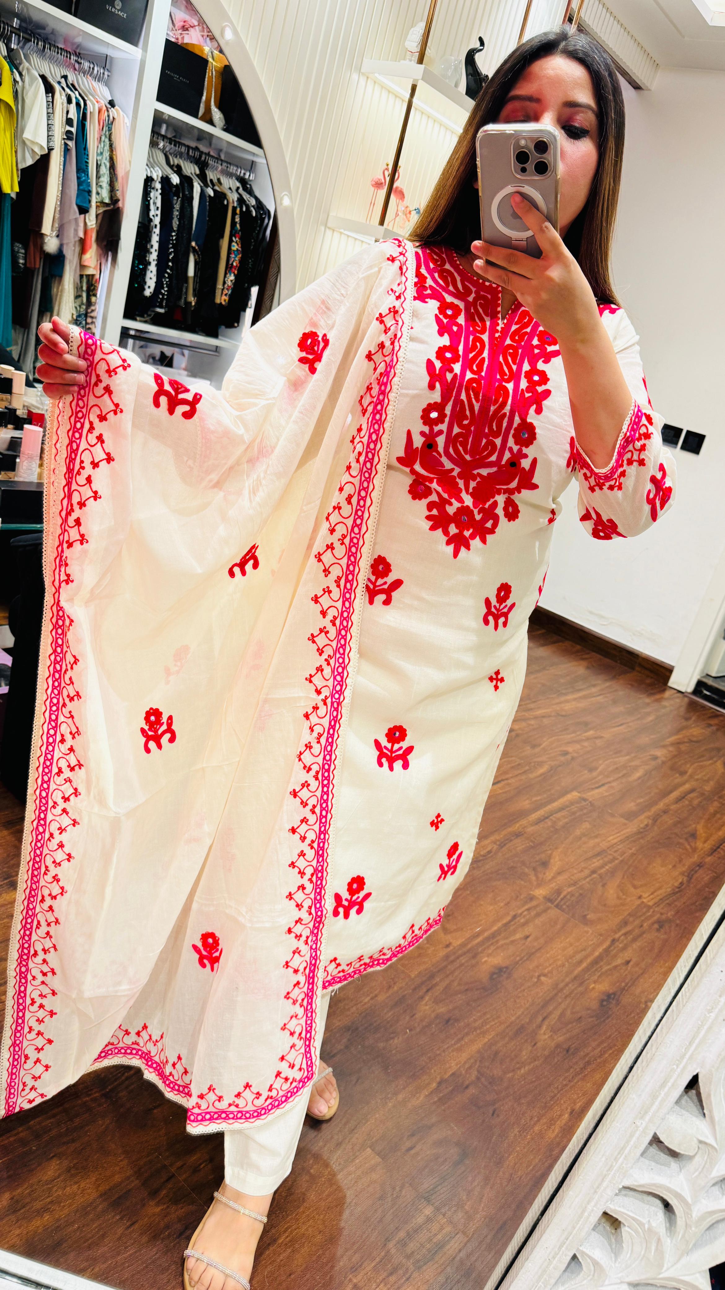 White Cotton Suit Set with Kashmiri Embroidery