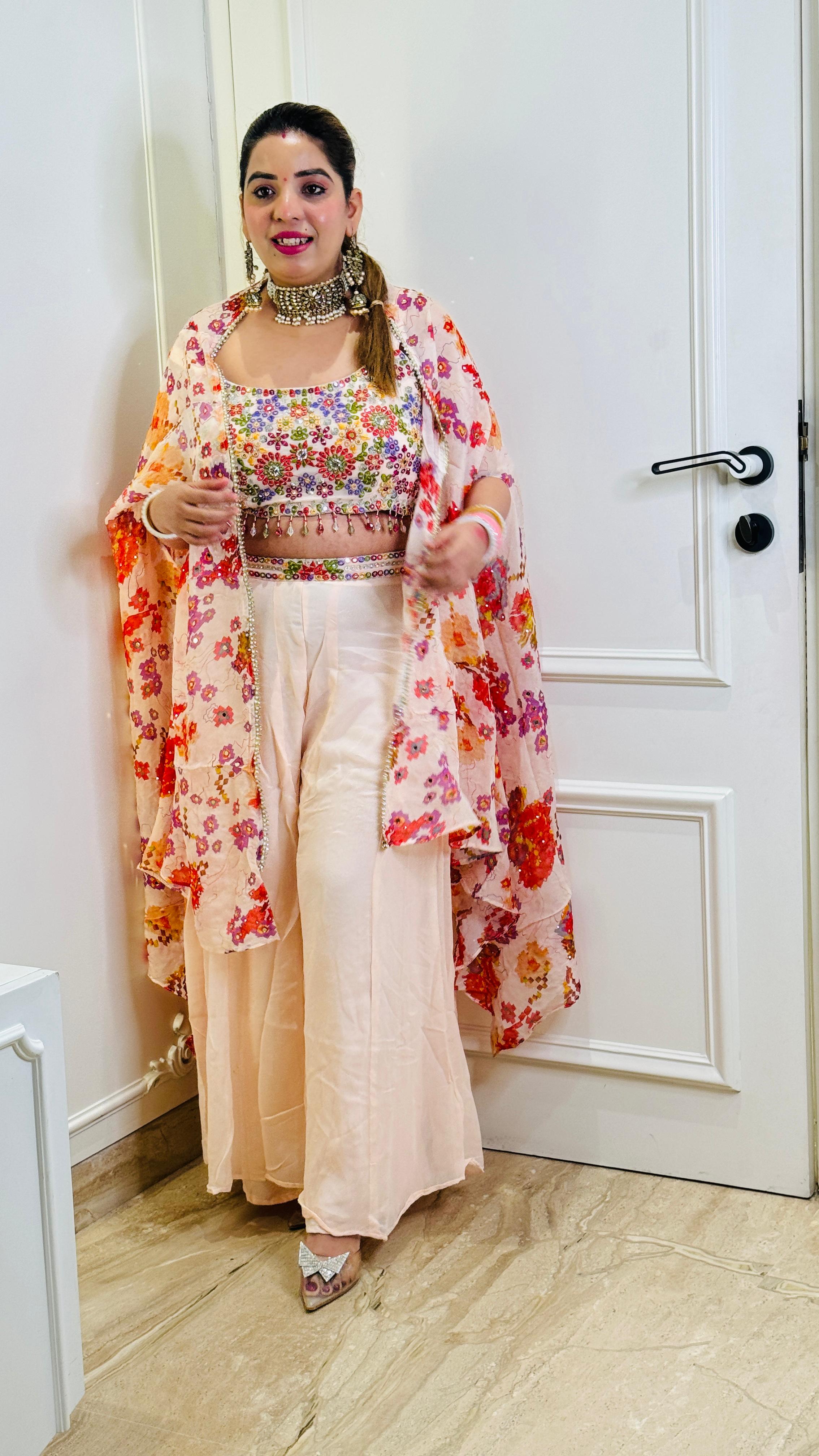 Indo-Western Premium Handwork Padded Blouse with Georgette Cape & Plazo