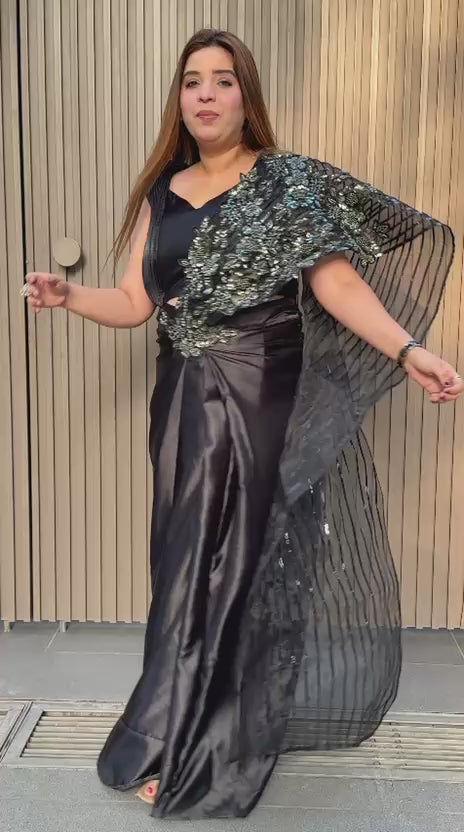 Kiara Satin Drape Saree- Pink, Black